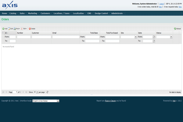 Axis Commerce Admin Interface - Orders